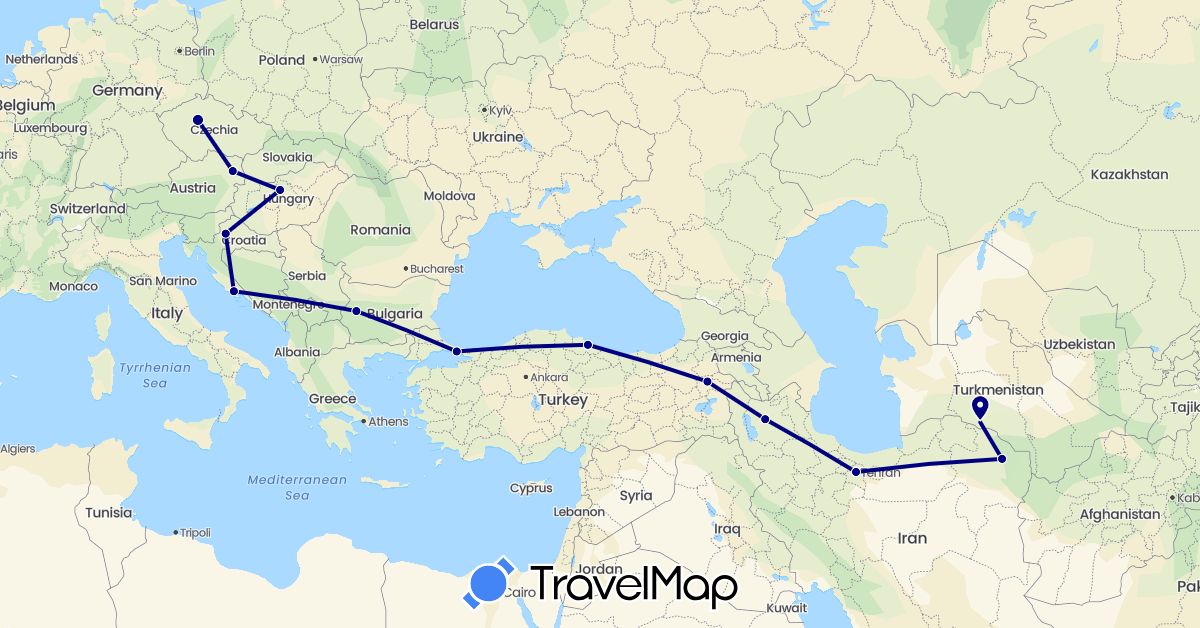 TravelMap itinerary: driving in Austria, Bulgaria, Czech Republic, Croatia, Hungary, Iran, Turkmenistan, Turkey (Asia, Europe)